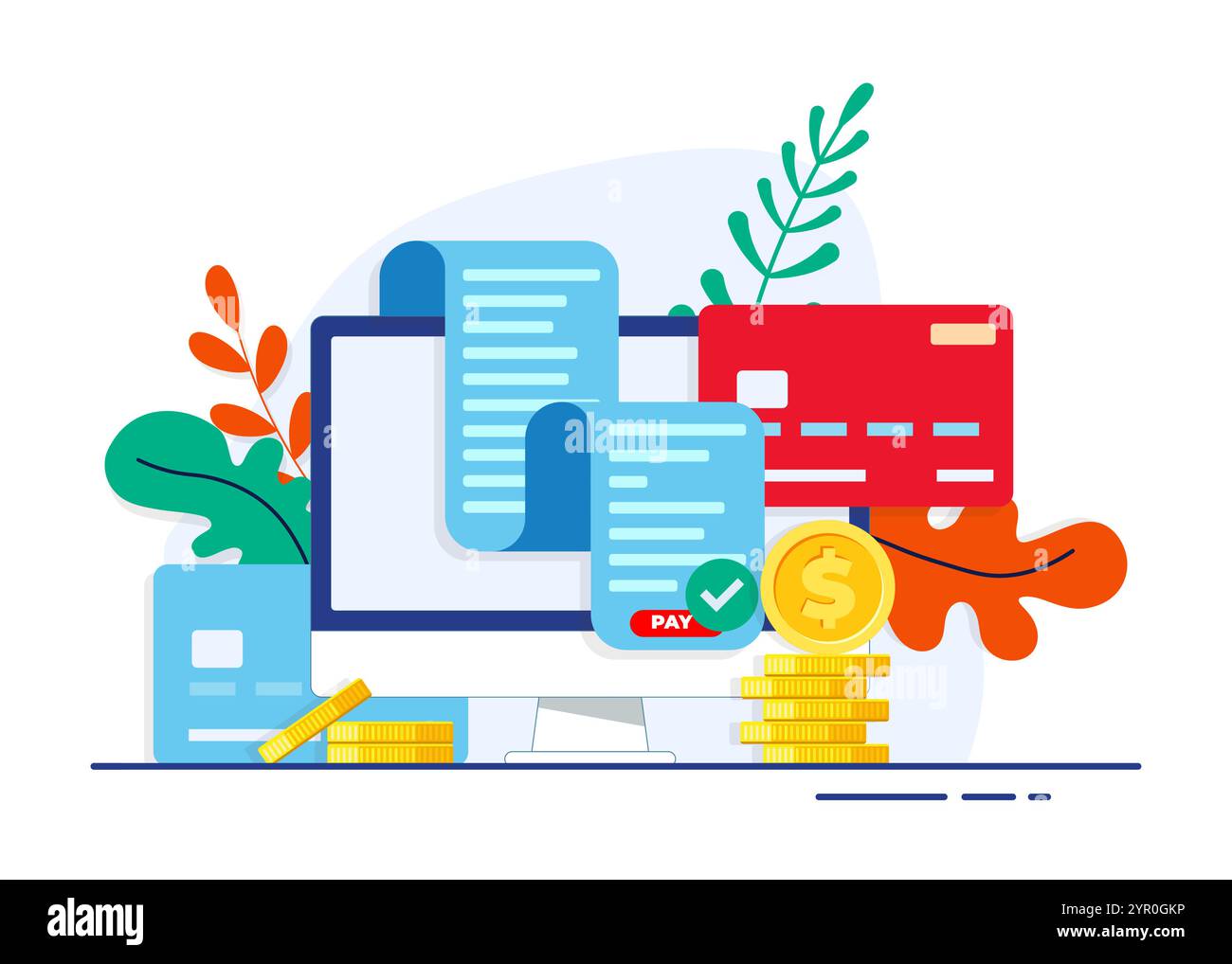 Electronic bill online payment flat illustration concept with desktop computer, credit card, coins Stock Vector