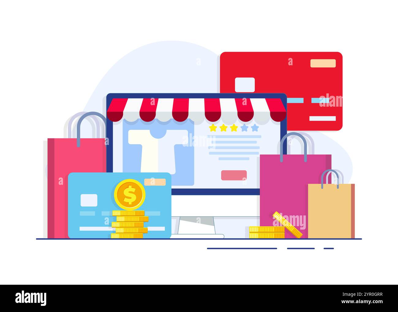 Online shopping, or digital store on desktop computer vector flat illustration with credit card, coins shopping bag, Online shop, e-commerce website Stock Vector