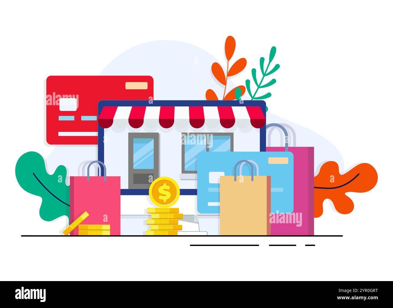 Online shopping, or digital store on desktop computer vector flat illustration, Online shop, e-commerce, sale Stock Vector