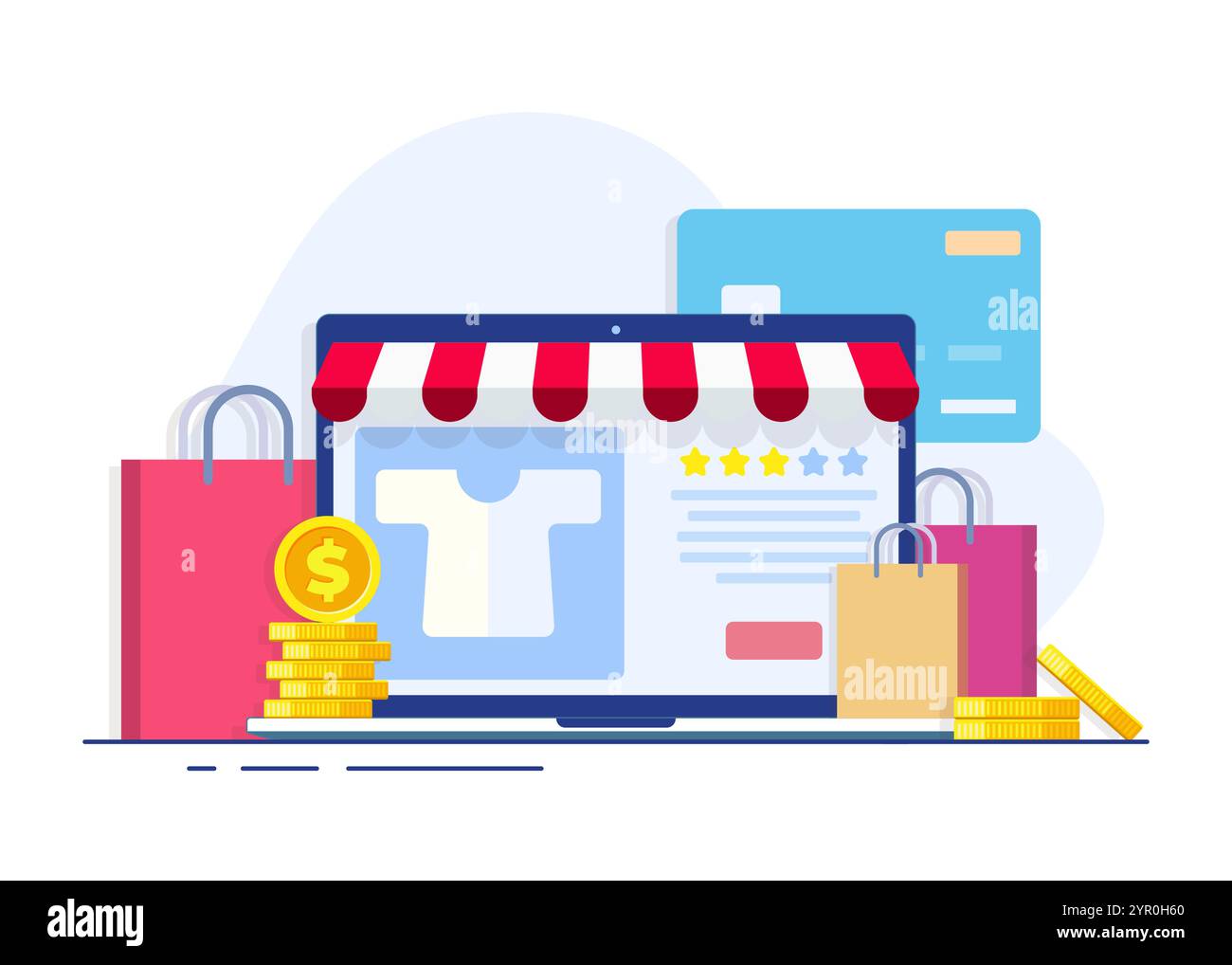 Online shopping, or digital store website on laptop computer vector flat illustration, Online shop, e-commerce, sale, Fashion clothing store website Stock Vector