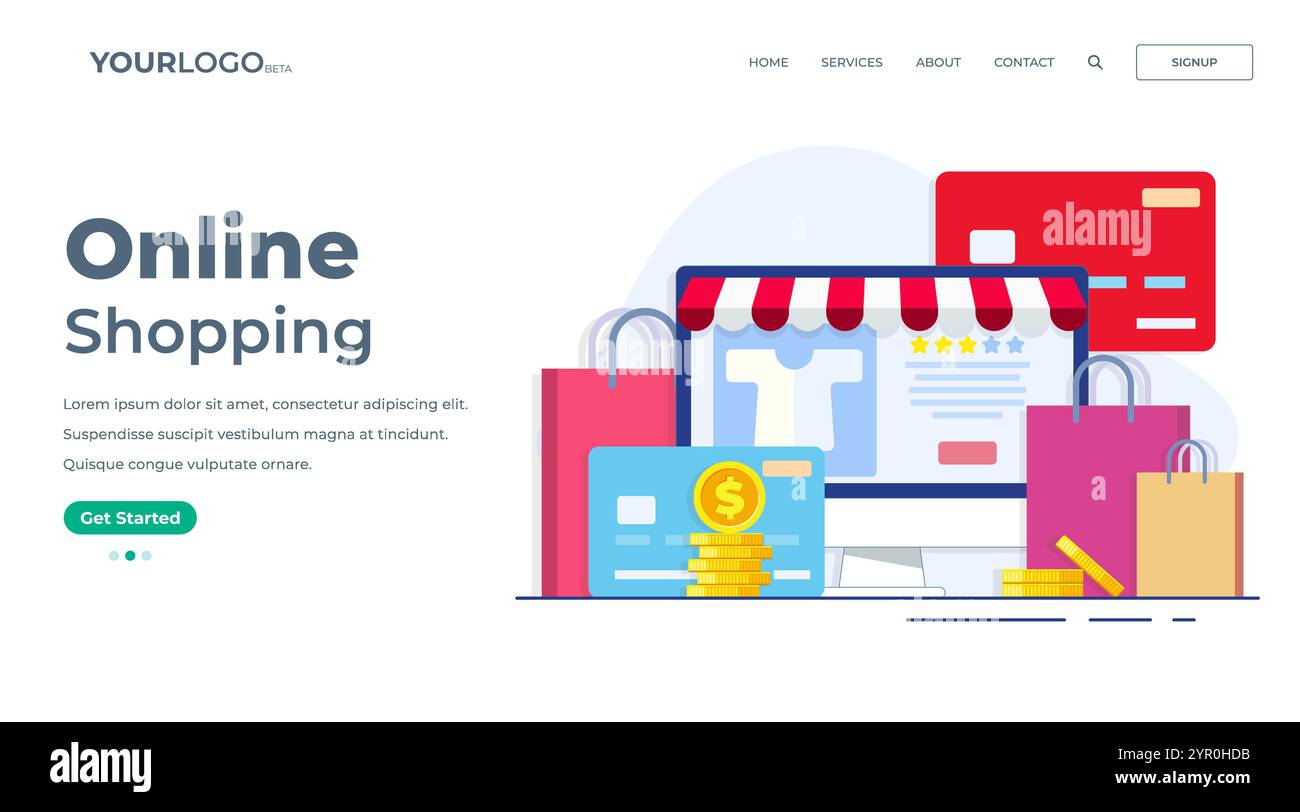 Online shopping concept flat vector illustration for landing page, web banner, Fashion clothing online store on desktop computer screen, Online shop, Stock Vector