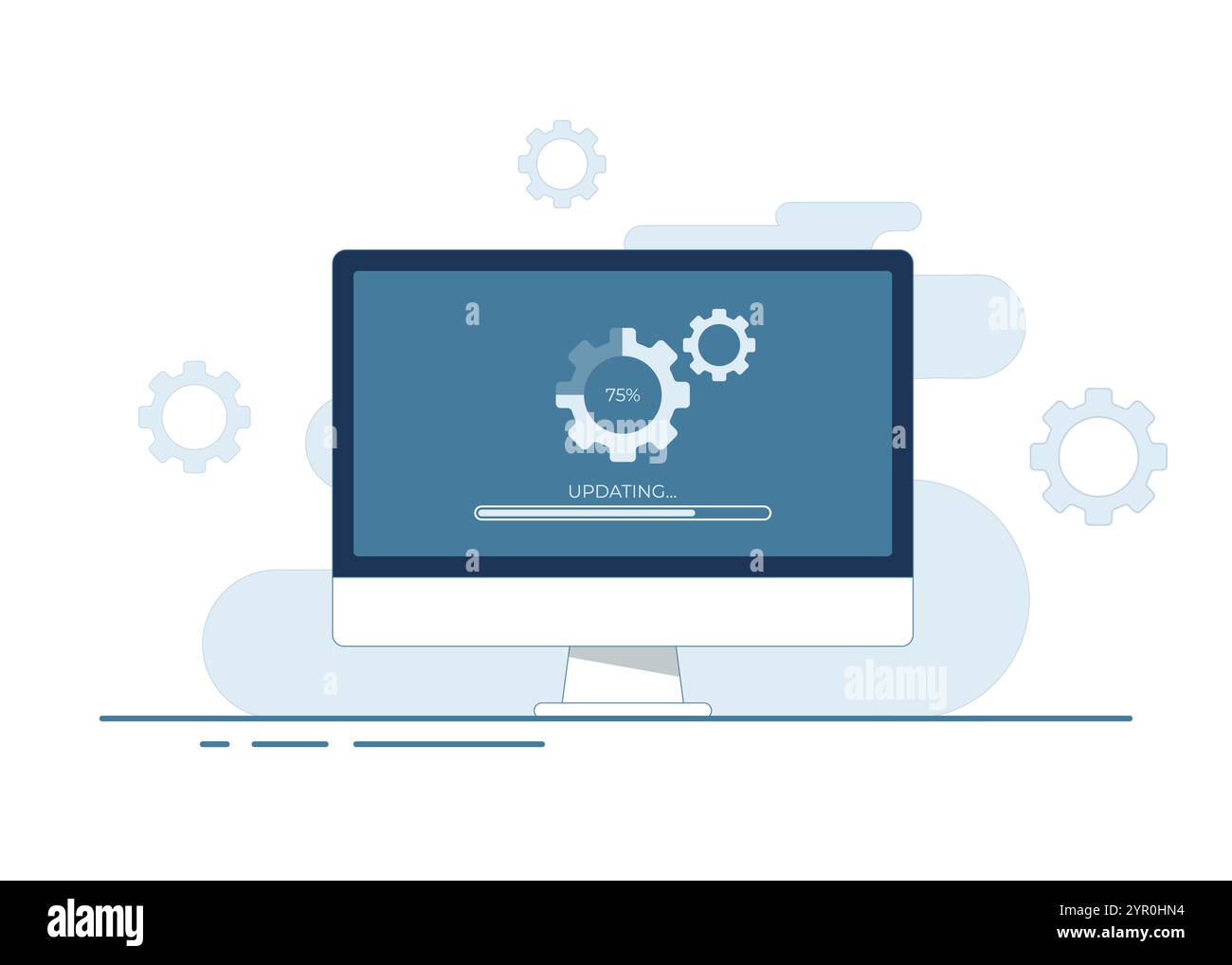 Desktop computer with update screen flat vector illustration, System ...