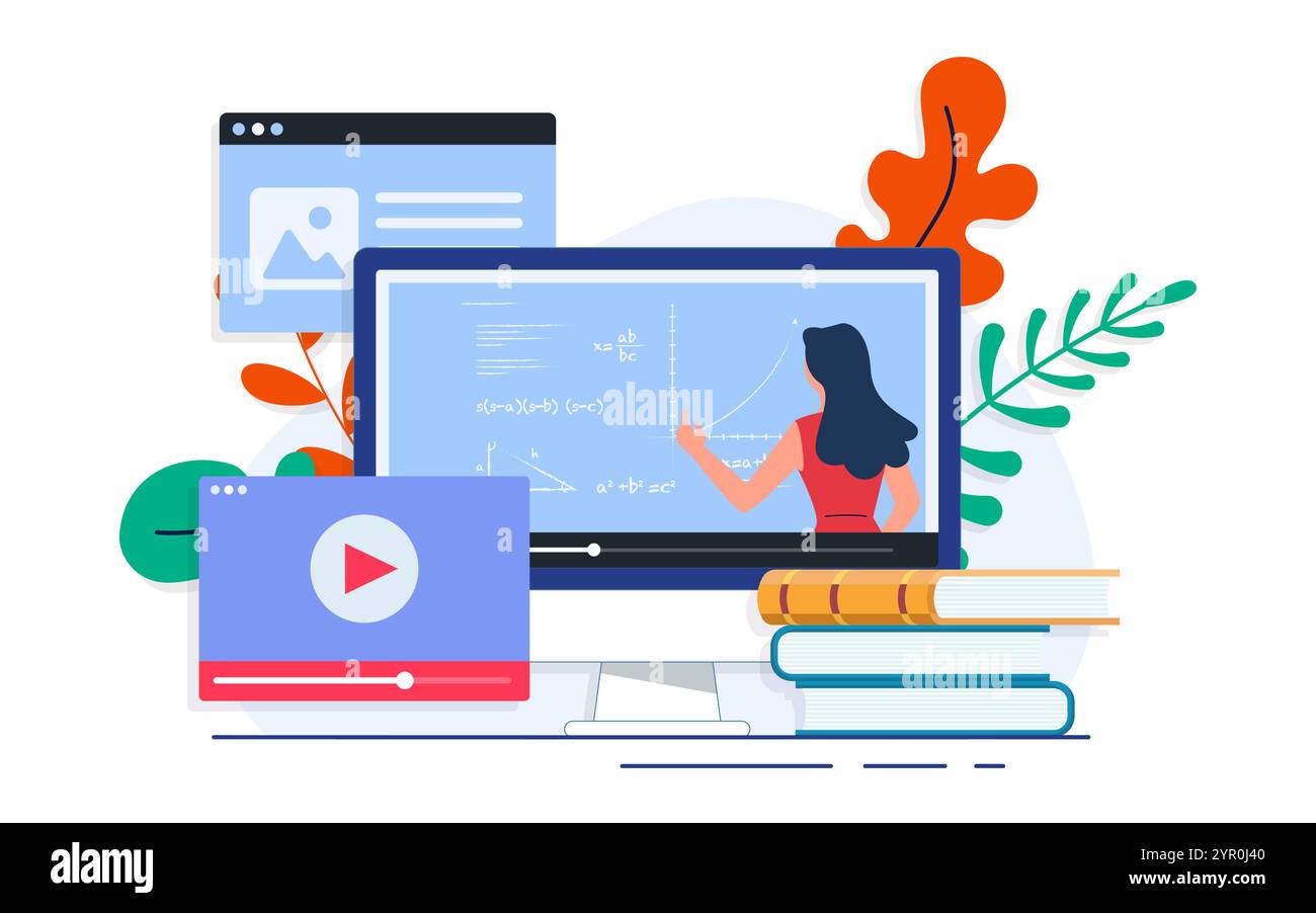 Female teacher teaching on computer screen flat vector illustration ...