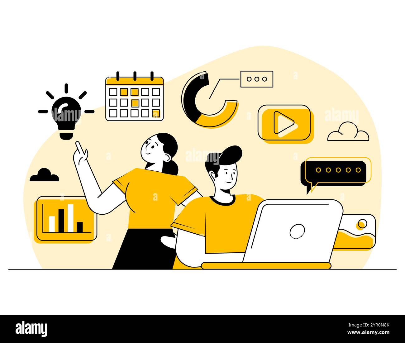 Multitasking business people flat illustration vector concept, brainstorming, Teamwork, Employees working together, New ideas, Problem-solving, Produc Stock Vector