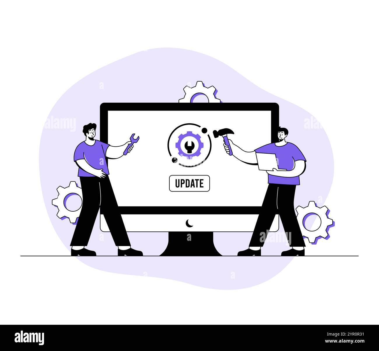 Computer with software update screen flat vector illustration, System ...