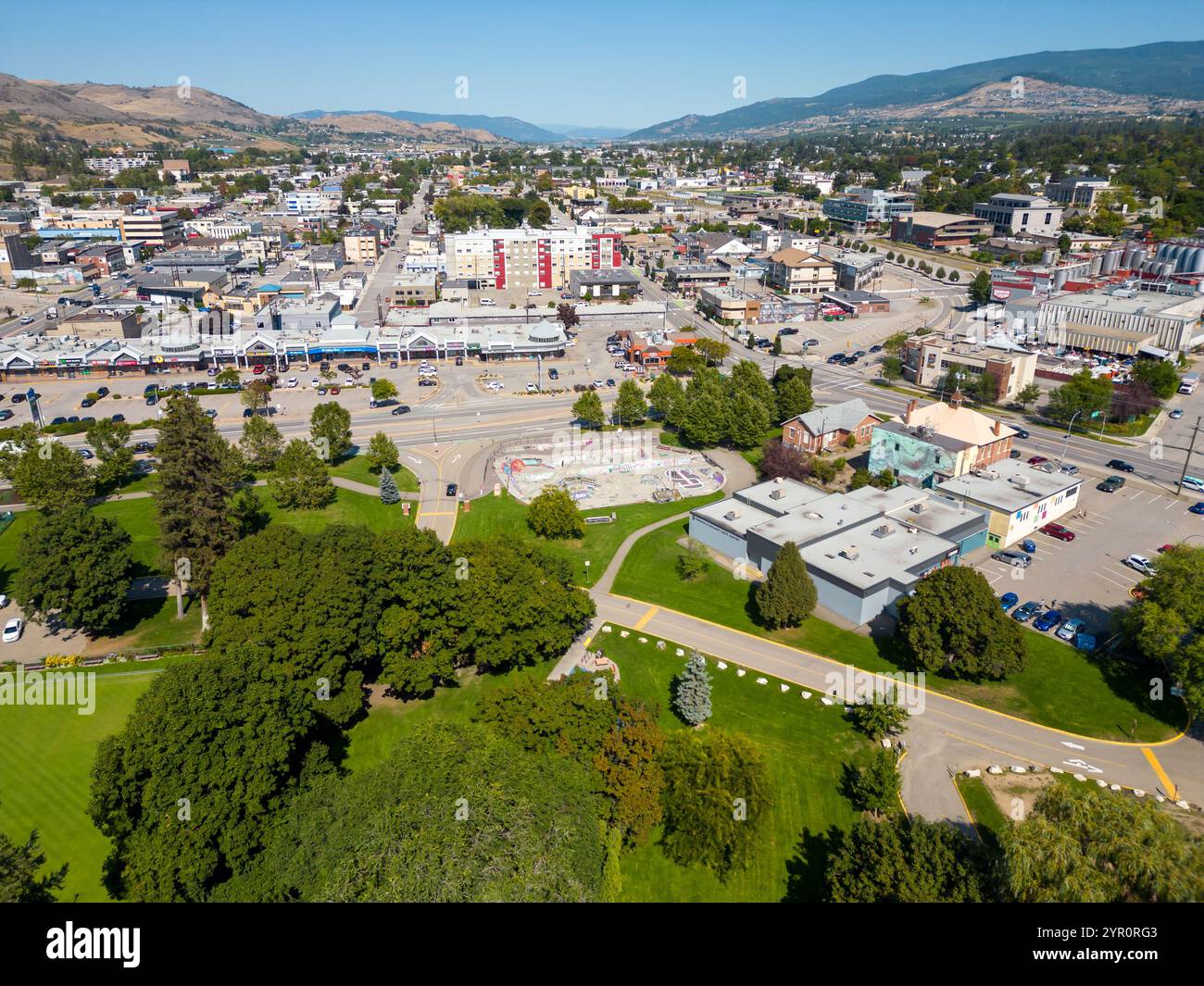 Vernon, Canada - September 1, 2024: Drone aerial view of Polson Park in the city of Vernon located in the Okanagan Valley, British Columbia, Canada. Stock Photo