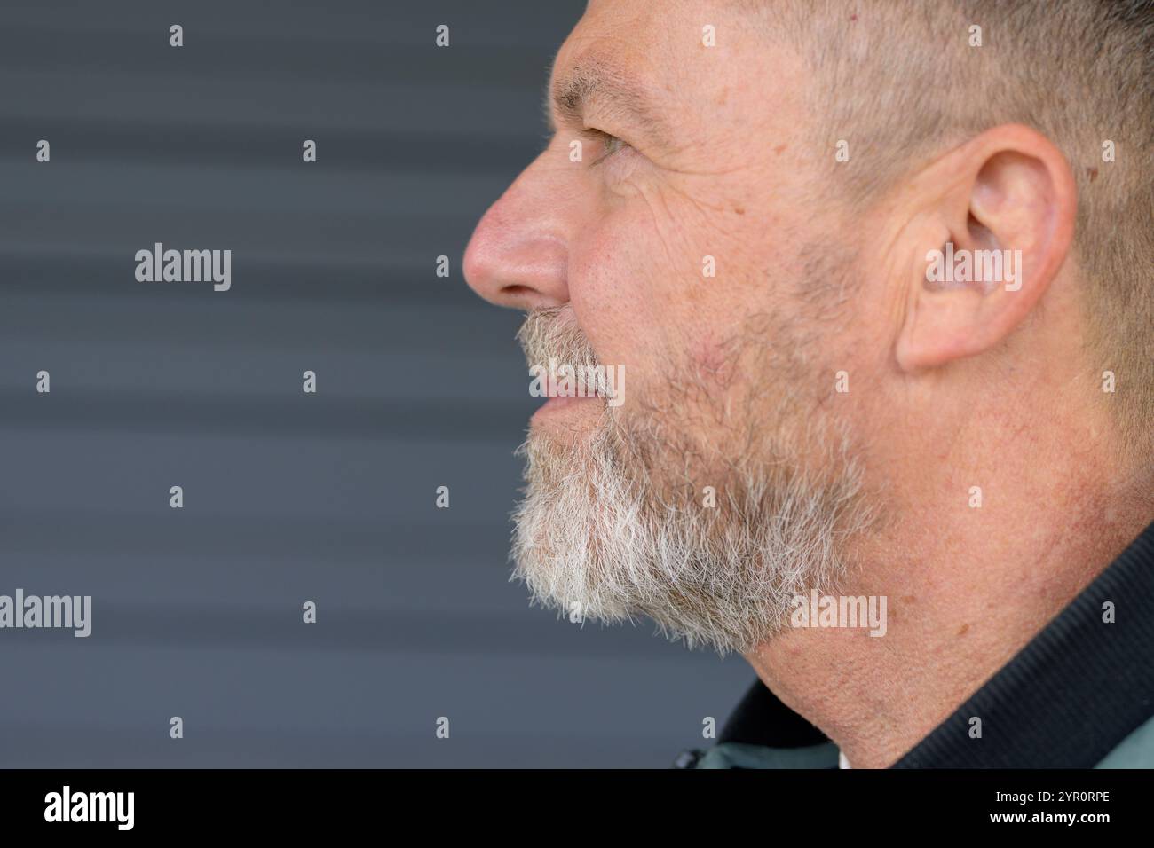 A close-up profile view of a mature man with a neatly groomed gray ...