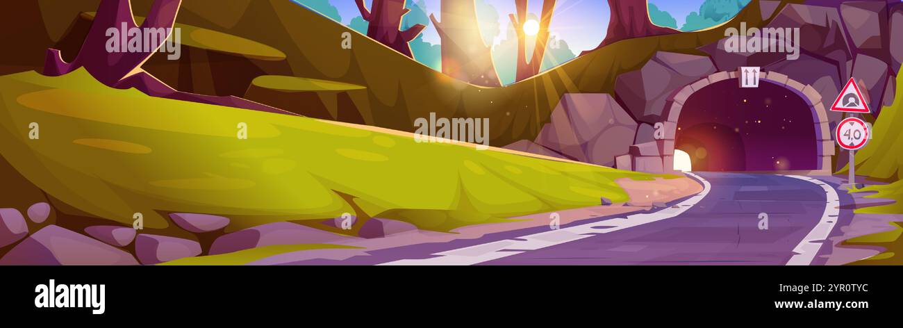 Summer forest landscape with winding mountain road leading to arch ...