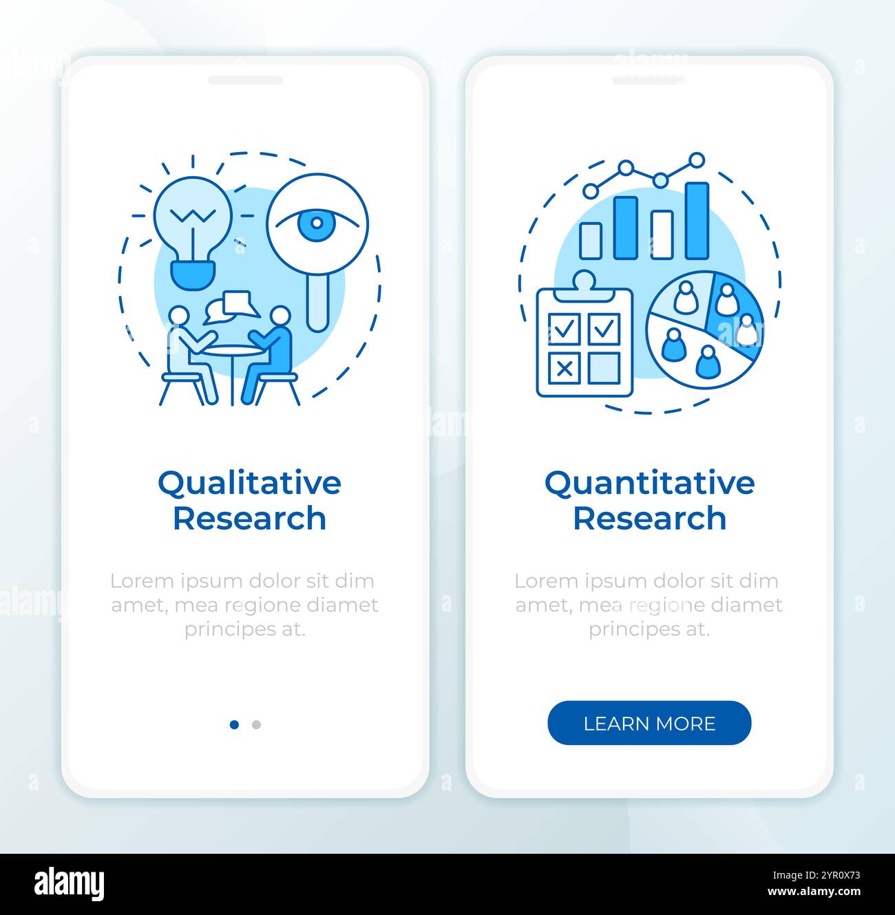 Different research types blue onboarding mobile app screen Stock Vector