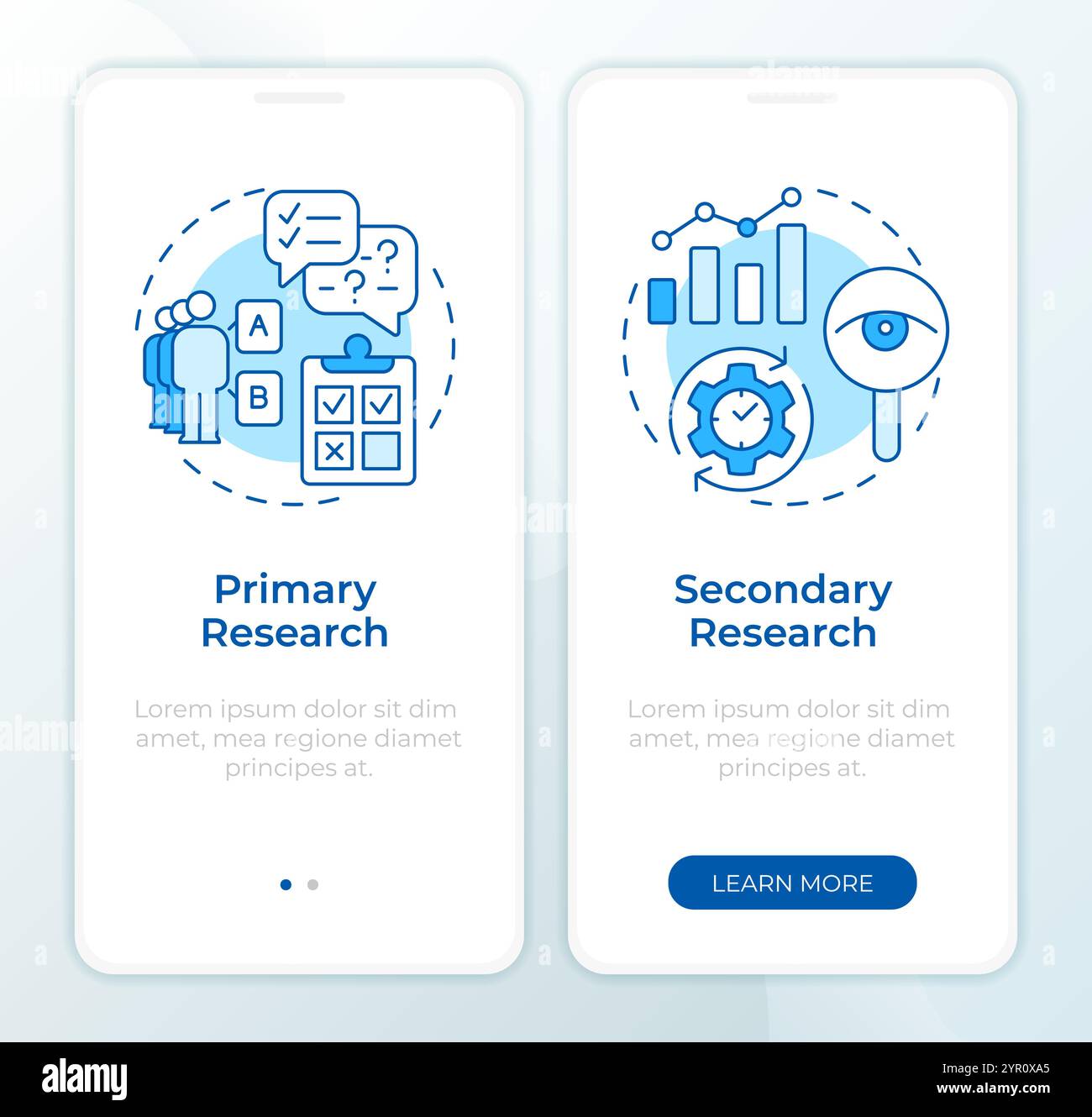 Main market research types blue onboarding mobile app screen Stock Vector