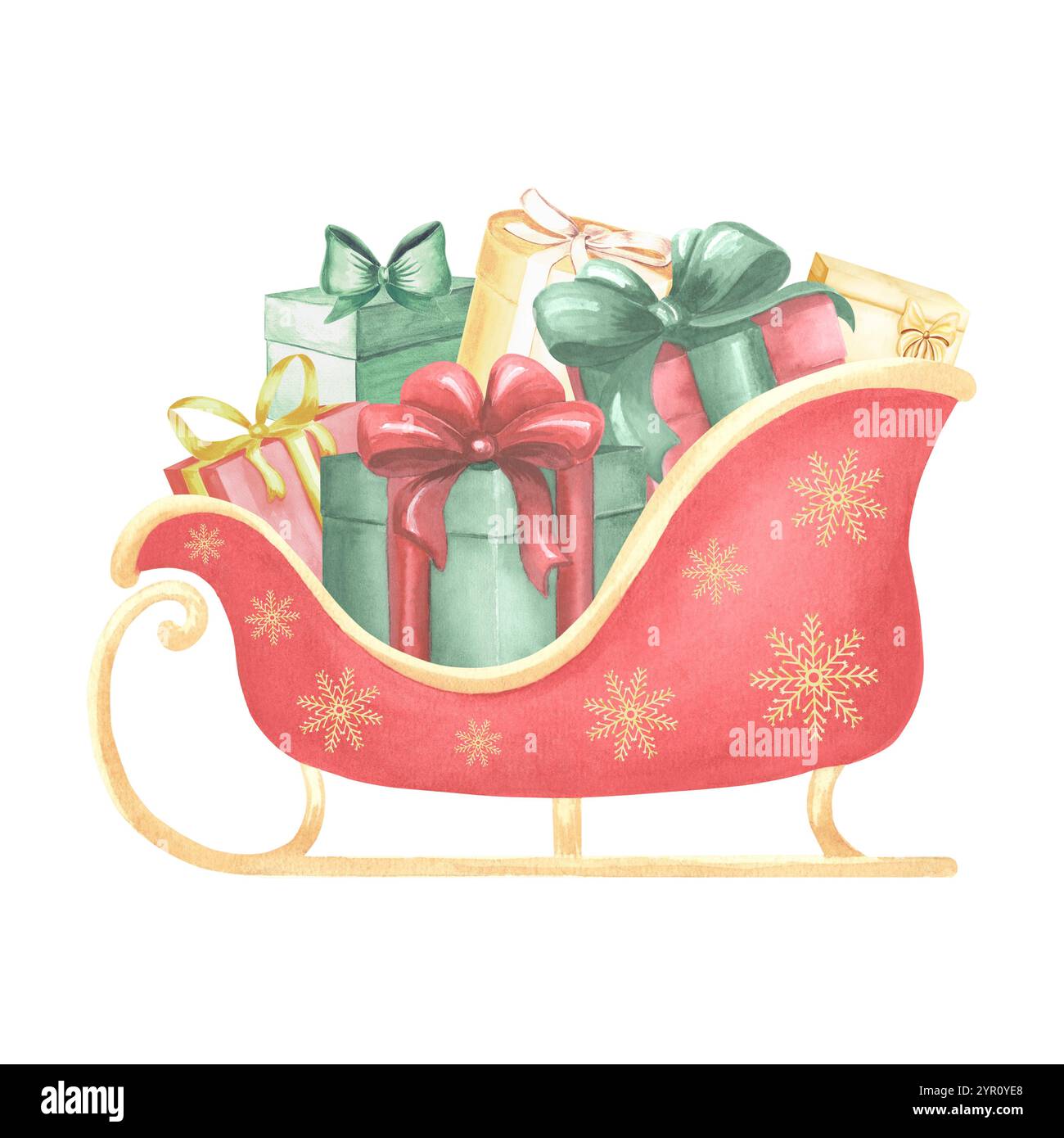 Gift boxes with bows in a Christmas red sleigh. Santa Claus carriage ...