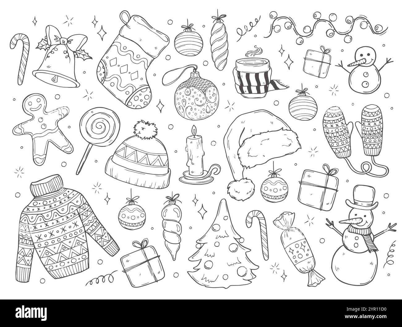 Big set of Christmas design doodle elements. Vector hand drawn . Isolated objects Stock Vector