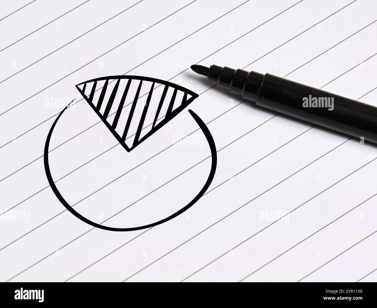 Market share concept. Hand drawn pie chart on a notebook with pen. Stock Photo