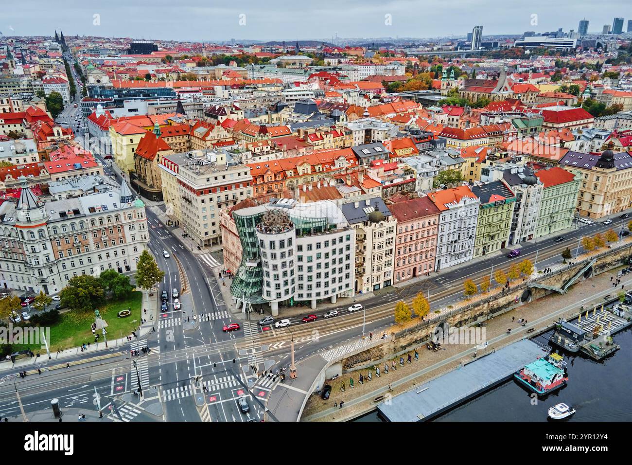 Prague architecture, aerial view. Historical buildings with red roofs ...