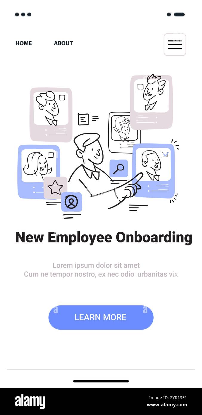 New employee onboarding concept with hand-drawn style featuring a person interacting with digital profiles on a mobile application screen Stock Vector