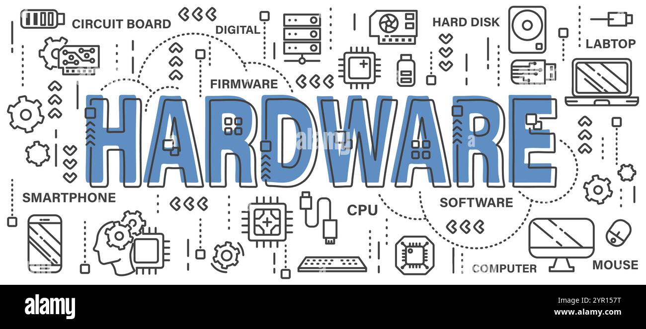 Hardware . Word with line icon art banner style . Editable stroke . Vector . Stock Vector