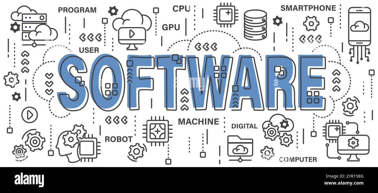 Software . Word with line icon art banner style . Editable stroke . Vector . Stock Vector