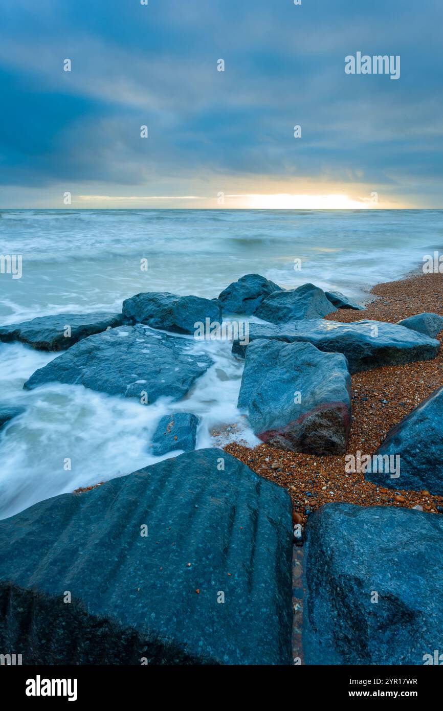 Sunset on Shoreham beach in West Sussex, England. Stock Photo
