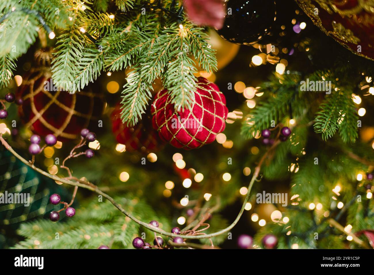A red ball ornament hangs on a Christmas tree. The tree is decorated ...