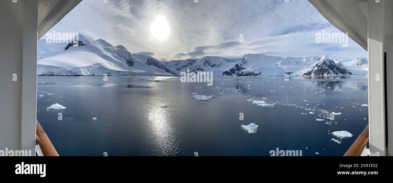 Neko Harbour on the Antarctic Peninsula seen from the balcony of a cruise ship - Smartphone Captured Stock Image