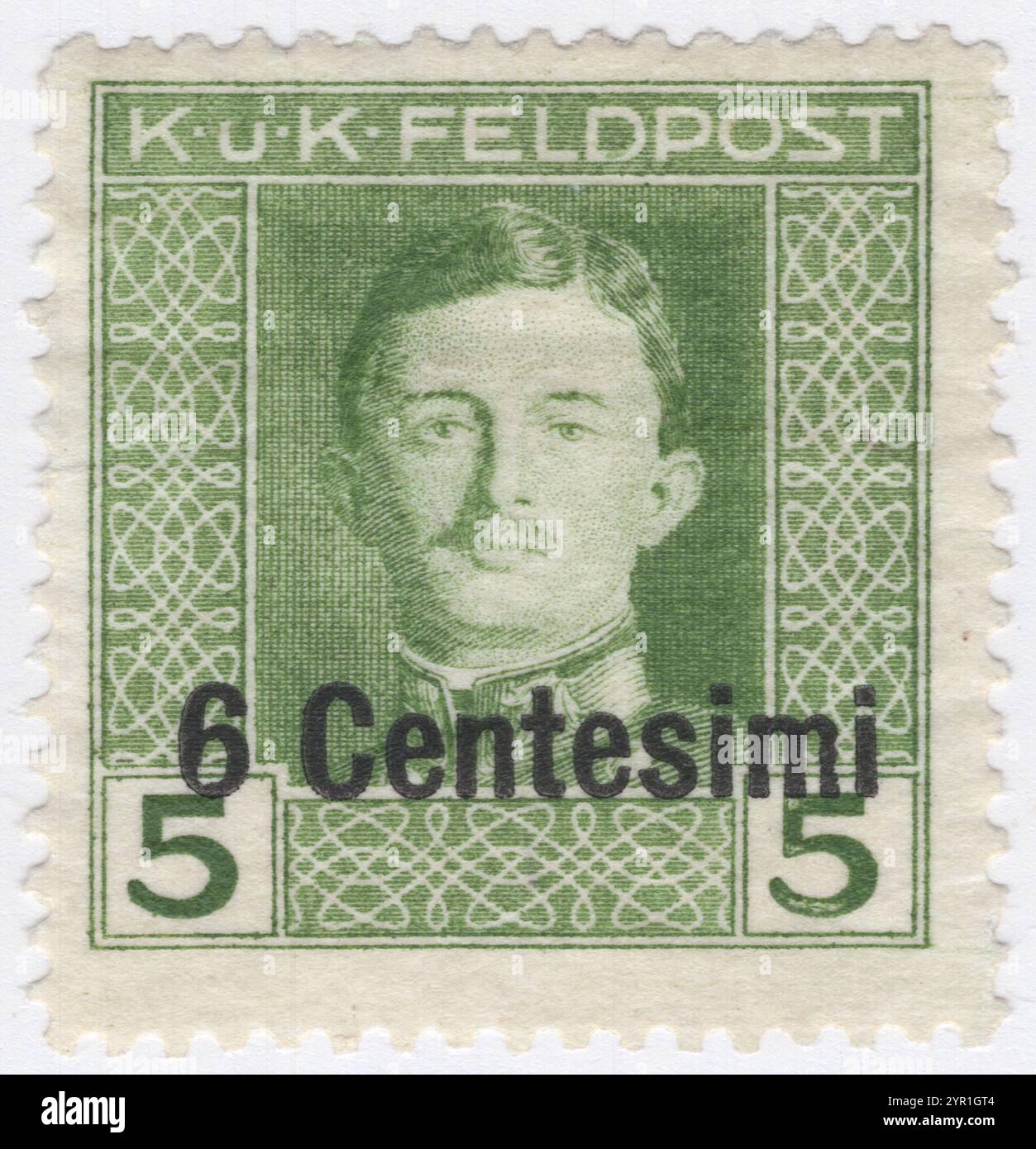 AUSTRIAN OCCUPATION OF ITALY - 1918 June 01: 6 centesimi on 5 heller olive-green Occupation postage stamp depicting portrait of Karl I, Emperor of Austria, King of Hungary, and the ruler of the other states of the Habsburg monarchy from November 1916 until the monarchy was abolished in April 1919. He was the last of the monarchs belonging to the House of Habsburg-Lorraine to rule over Austria-Hungary Stock Photo