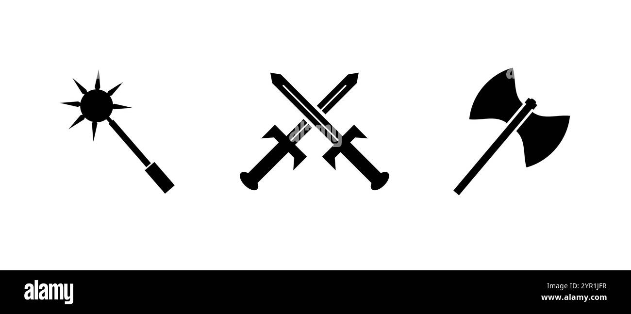Black weapon icon set with swords, axes, and maces for battle themes ...