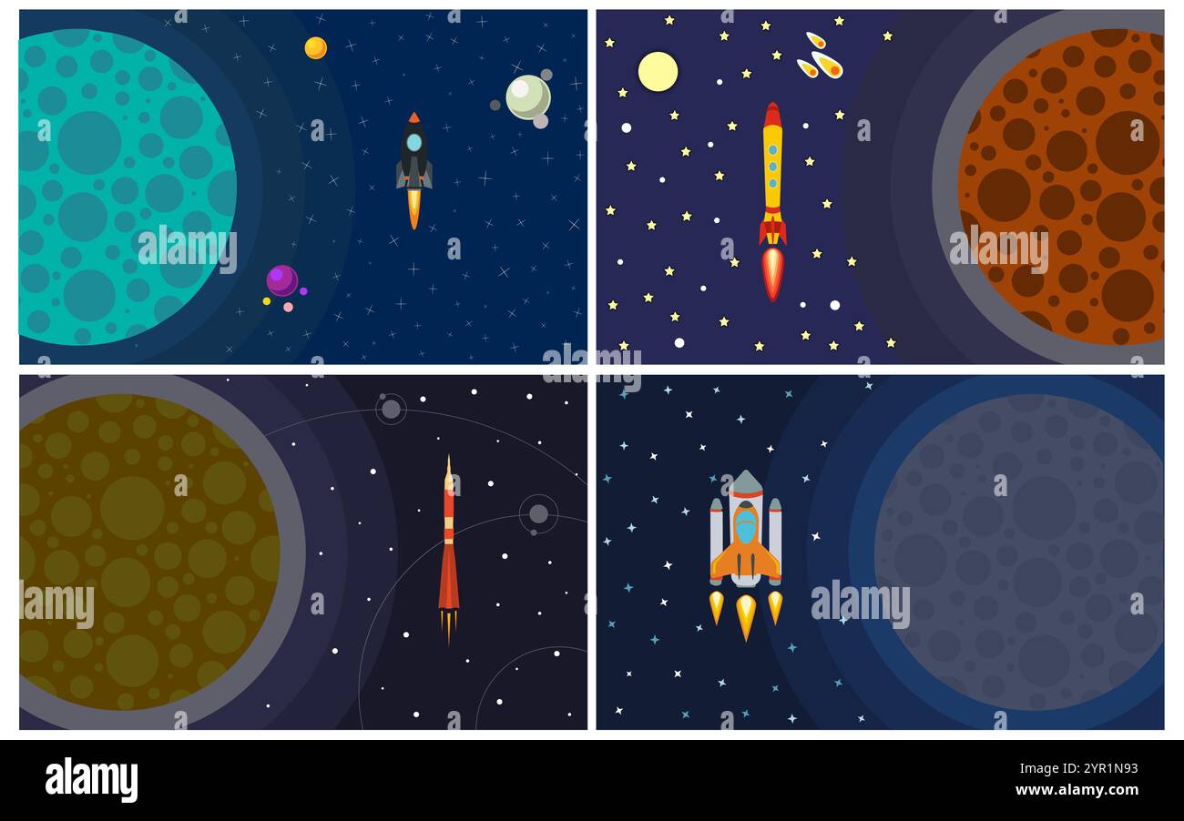 Set of four vector illustration with flying rocket. Space travel Stock ...