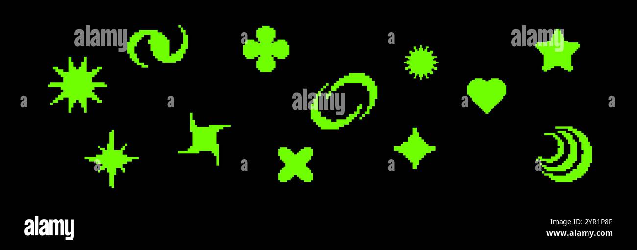 Y2K pixel icons with vintage digital shapes and tech vibes Stock Vector