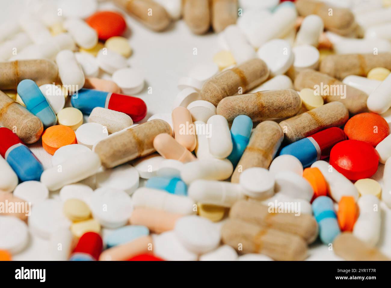 Pile of colored prescription pills, tablets, and capsules Stock Photo