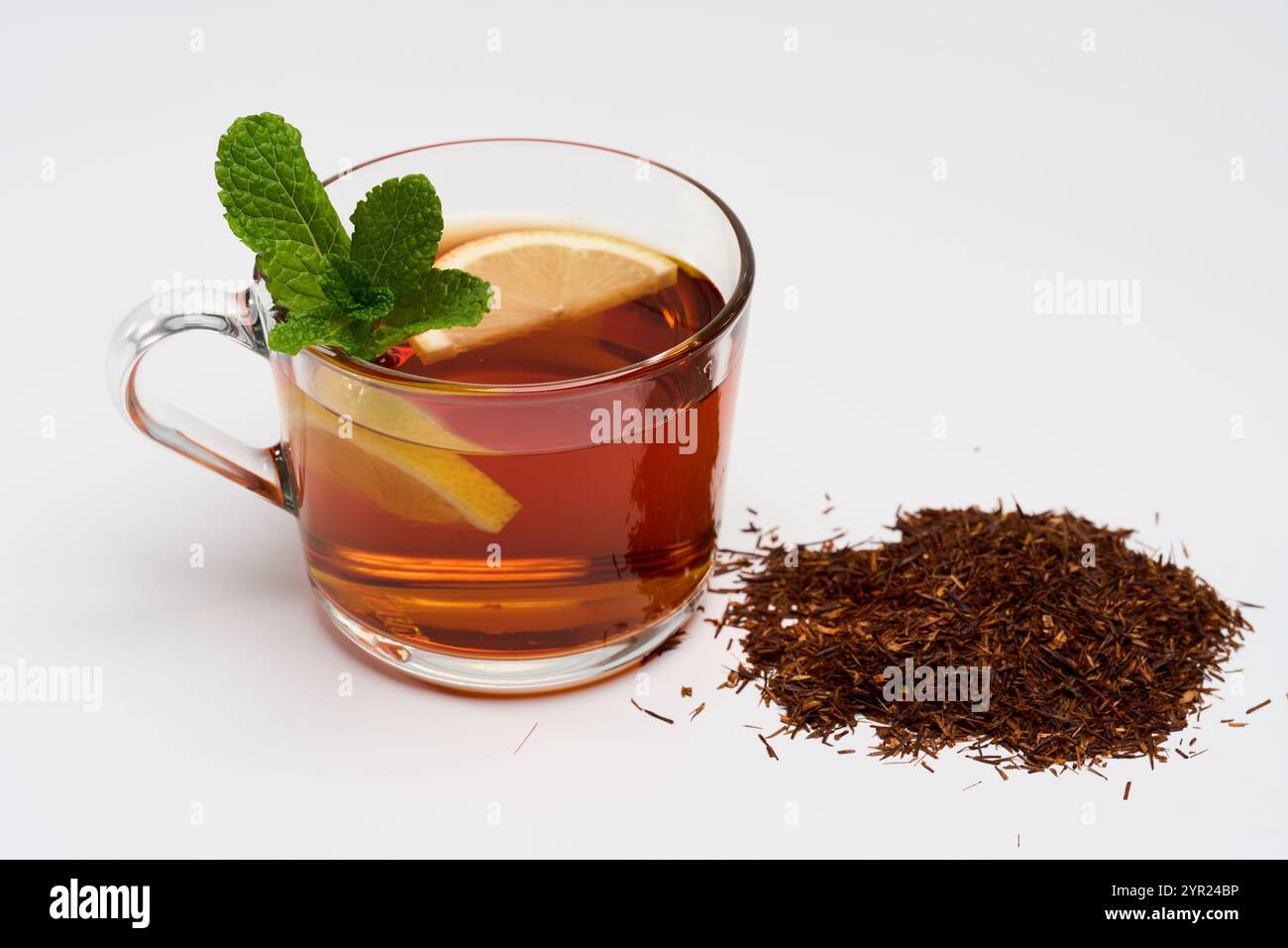 Closeup of a cup of South African Rooibos tea long cut, isolated on ...