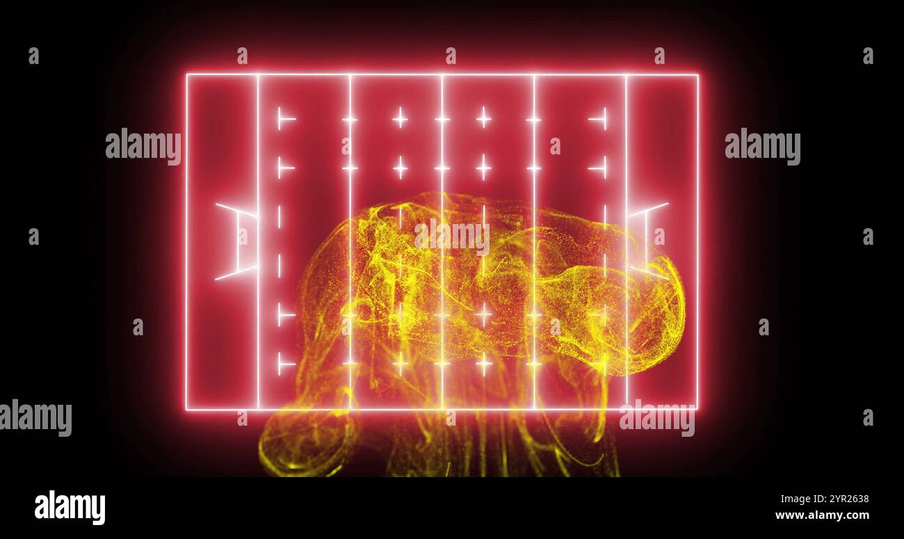 Image of glowing hand interacting with digital interface over red background with grid lines Stock Photo