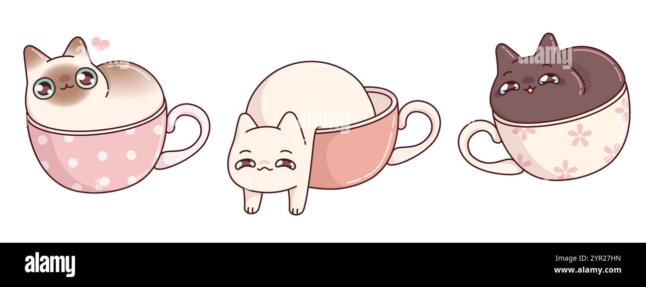 Kawaii cats in cups set isolated on white background. Contemporary ...