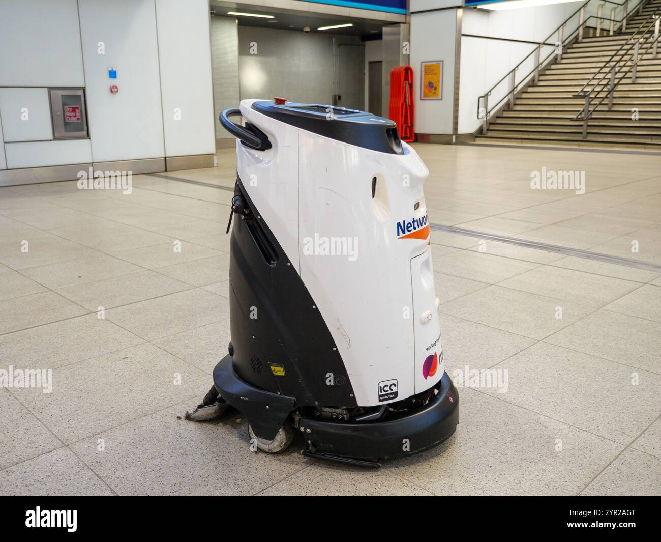 A Network Rail Mitie automated robot cleaner, Waterloo Station, London, UK Stock Photo