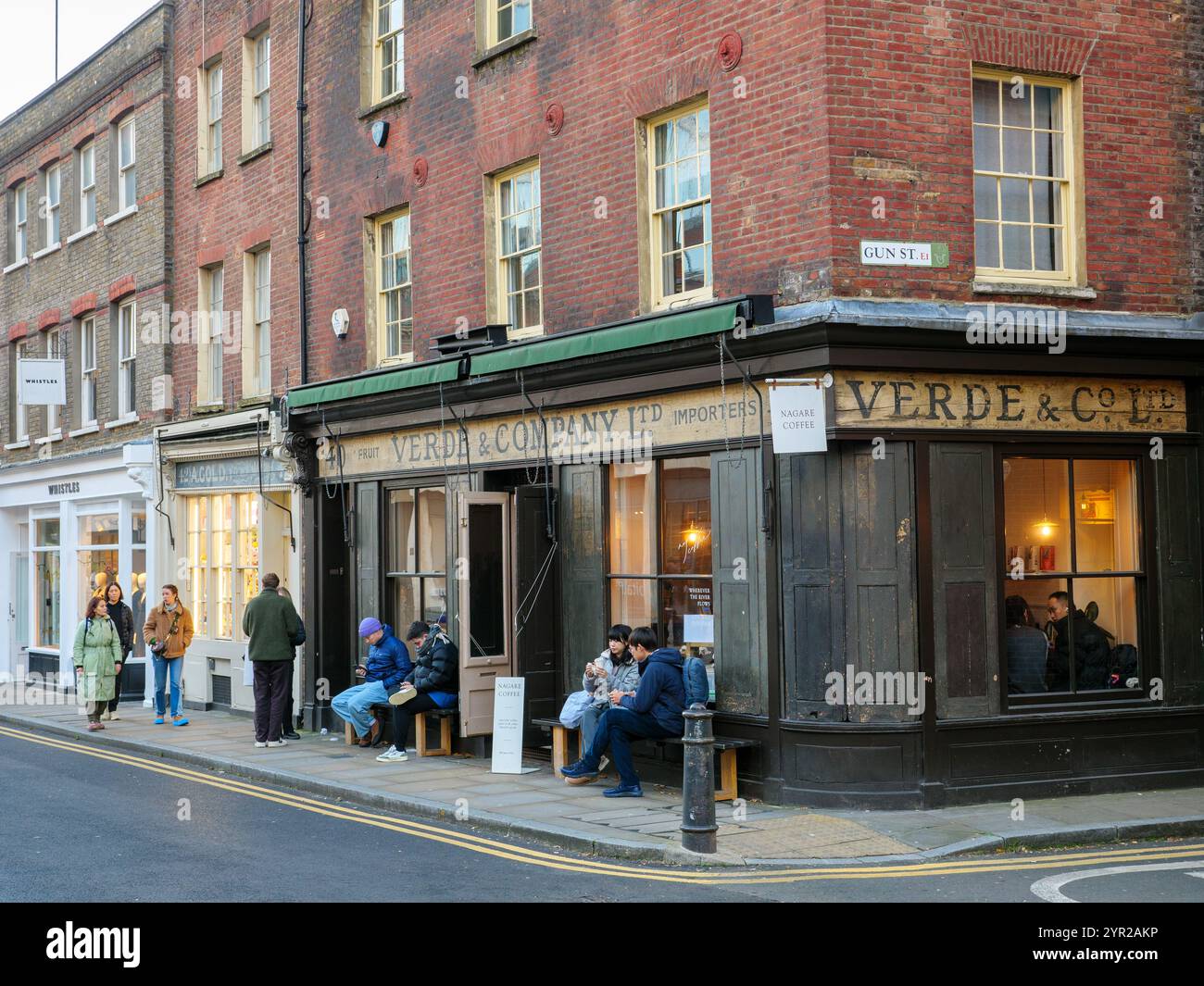 Shops and cafes on Brushfield Street, Spitalfields, London, UK Stock Photo