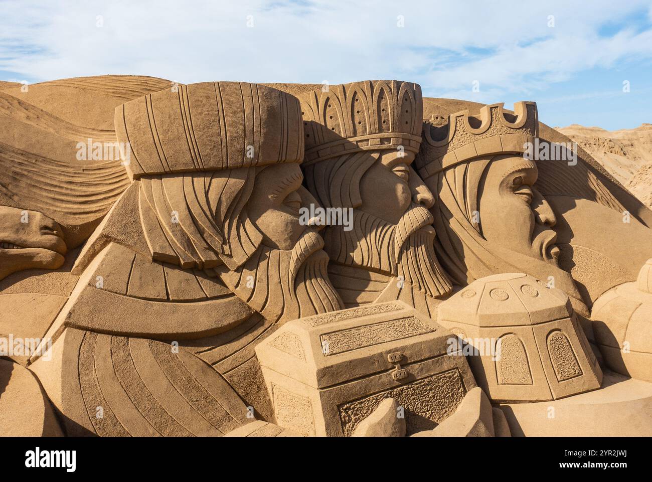 Las Palmas, Gran Canaria, Canary Islands, Spain 2nd December, 2024. Tourists and locals visit the huge sand sculptured nativity scene on the city beach in Las Palmas. The nativity scene annually attracts more the 200,000 visitors. Credit: Alan Dawson/Alamy Live News Stock Photo