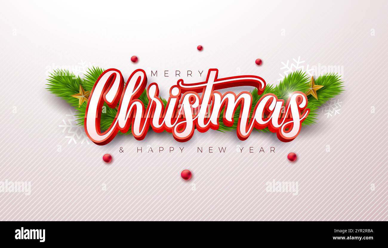 Merry Christmas and Happy New Year Banner with Fir Branch and 3d ...