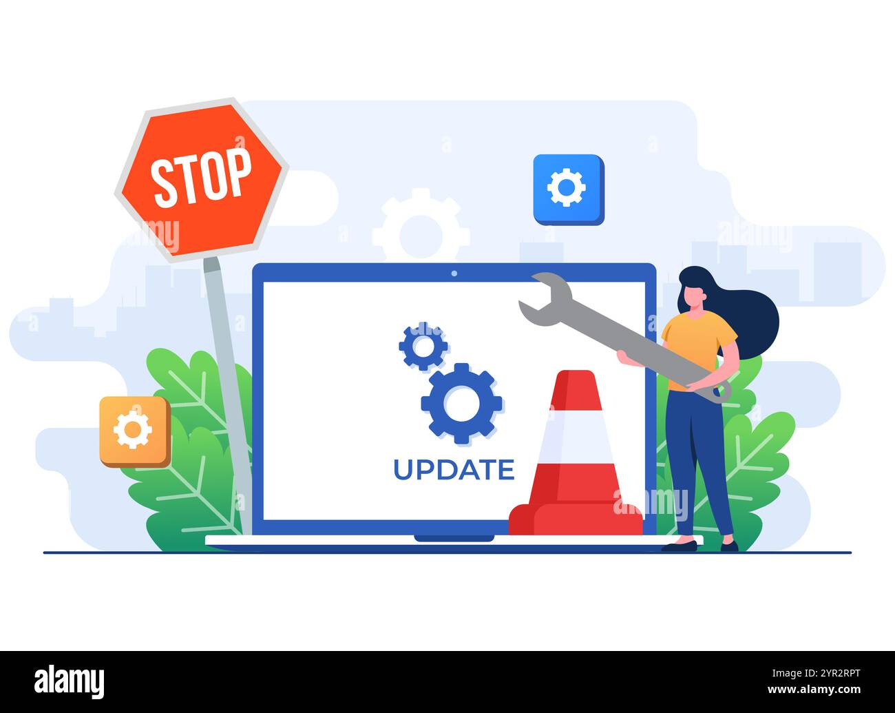 Laptop computer with software update screen flat vector illustration ...