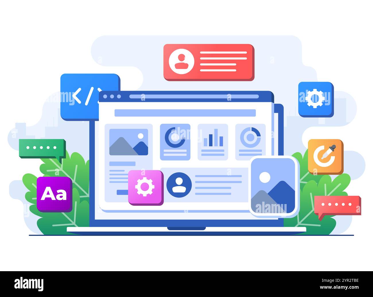 Interface elements and browser windows on the monitor screen, Web design, UI UX, Software development, Web design, Application design, Coding, Web dev Stock Vector