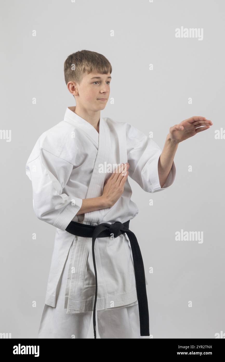 Fifteen year old male teenage karate black belt open hand block, studio ...