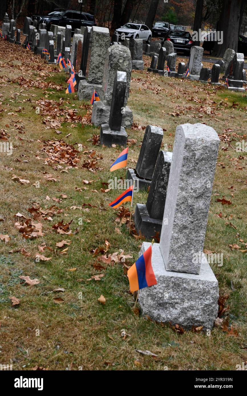 Whitinsville, Massachusetts, USA. 2nd Nov, 2024. Armenian-American from the small village of Whitinsville, Massachusetts, have built a new Armenian Heritage Monument on the ground of Pine Grove Cemetery, the resting place of most of their ancestors, the immigrants who came to America to restart their lives after the long series of massacre and ultimately genocide between 1895 and 1923. Whitinsville and the mill and factory there provided shelter and jobs for several immigrant populations. The construction of the monument has international implications standing in stark contrast to the effo Stock Photo