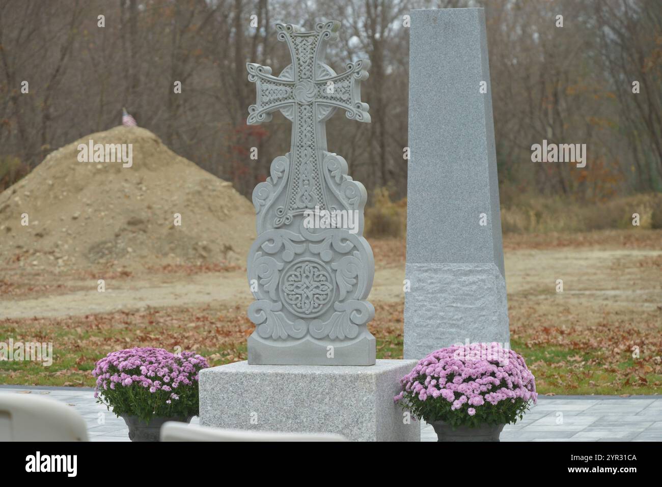 Whitinsville, Massachusetts, USA. 2nd Nov, 2024. Armenian-American from the small village of Whitinsville, Massachusetts, have built a new Armenian Heritage Monument on the ground of Pine Grove Cemetery, the resting place of most of their ancestors, the immigrants who came to America to restart their lives after the long series of massacre and ultimately genocide between 1895 and 1923. Whitinsville and the mill and factory there provided shelter and jobs for several immigrant populations. The construction of the monument has international implications standing in stark contrast to the effo Stock Photo