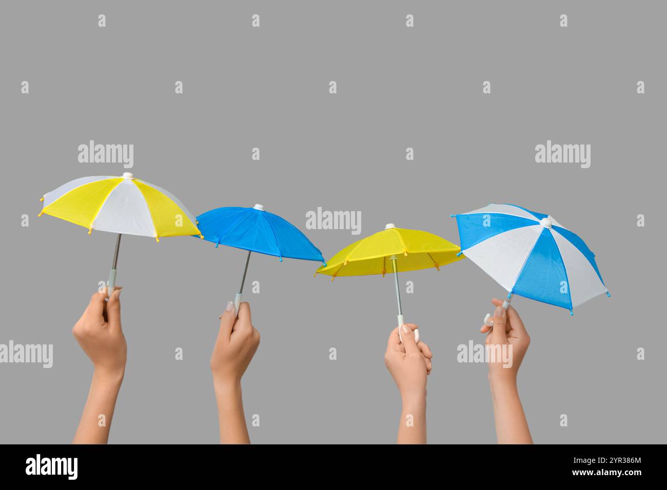 Female hands with different mini umbrellas on grey background Stock Photo