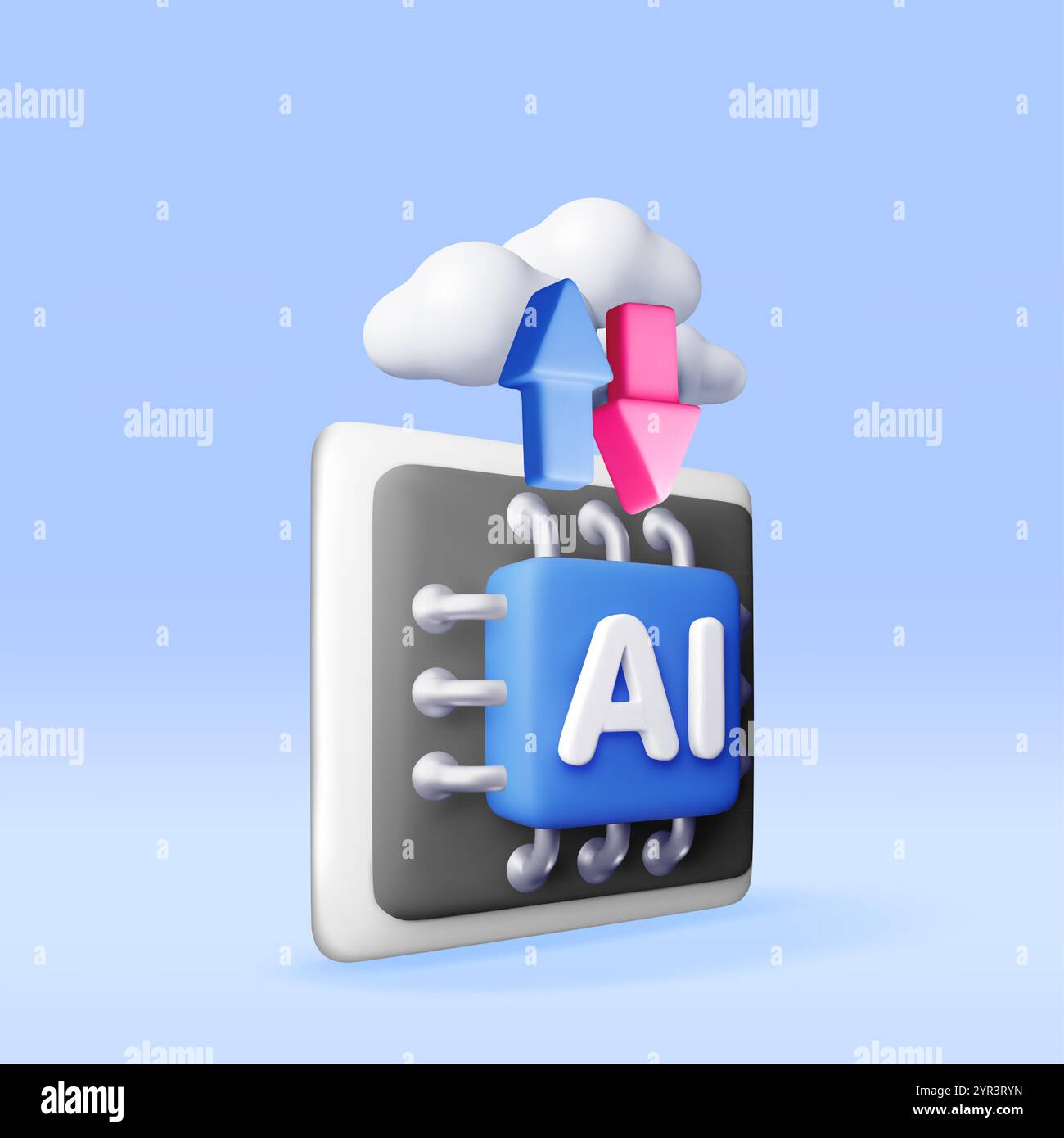3d AI Chip with arrows in clouds. Stock Vector