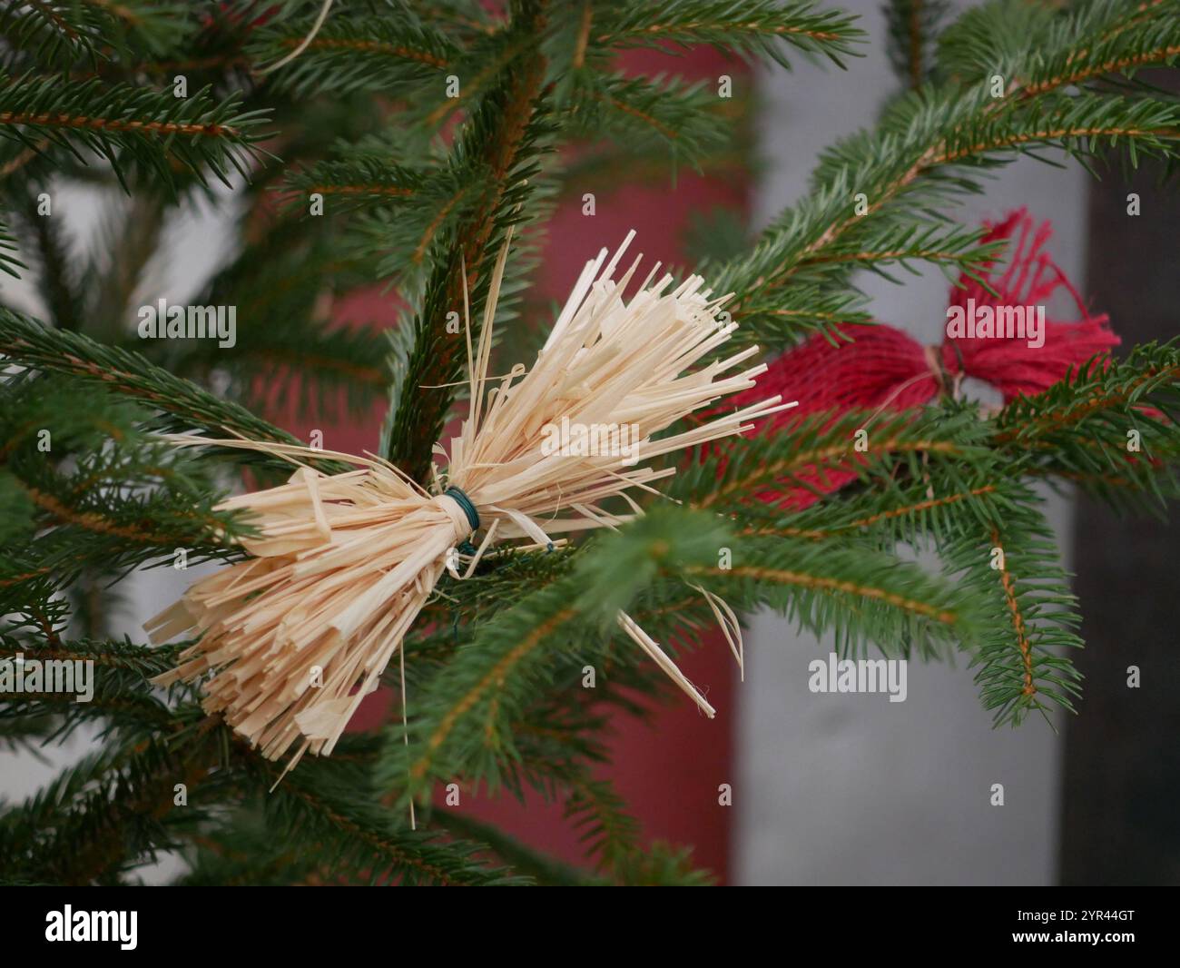 Christmas tree, decorated with straw and bows - traditional ...