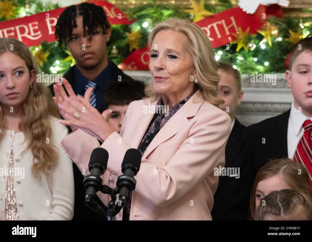 Washington DC, USA. 02nd Dec, 2024. First lady Dr Jill Biden delivers remarks to National Guard families from across the country, who are the first public members to view the 2024 White House Christmas decorations, as part of her 'Joining Forces' initiative, following the press preview of the ornamentation in the in the State Dining Room of the White House in Washington, DC on Monday, December 2, 2024. This year's holiday theme is 'A Season of Peace and Light.' Dr. Biden responded 'Of course I support the pardon of my son' when asked to comment on Hunter Biden's pardon. Credit: UPI/Alamy Live  Stock Photo