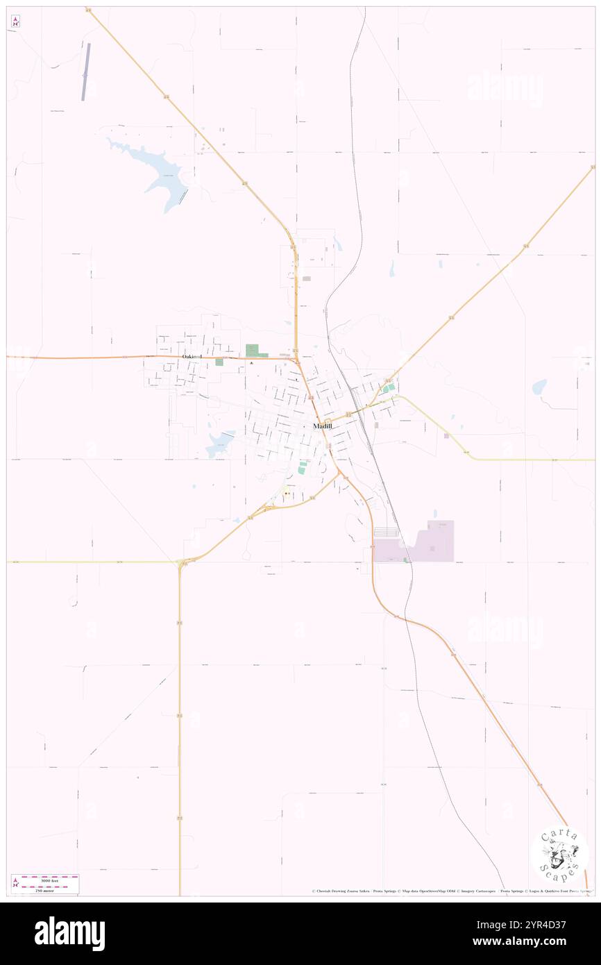 City of Madill, Marshall County, US, United States, Oklahoma, N 34 5' 11'', S 96 46' 30'', map, Cartascapes Map published in 2024. Explore Cartascapes, a map revealing Earth's diverse landscapes, cultures, and ecosystems. Journey through time and space, discovering the interconnectedness of our planet's past, present, and future. Stock Photo