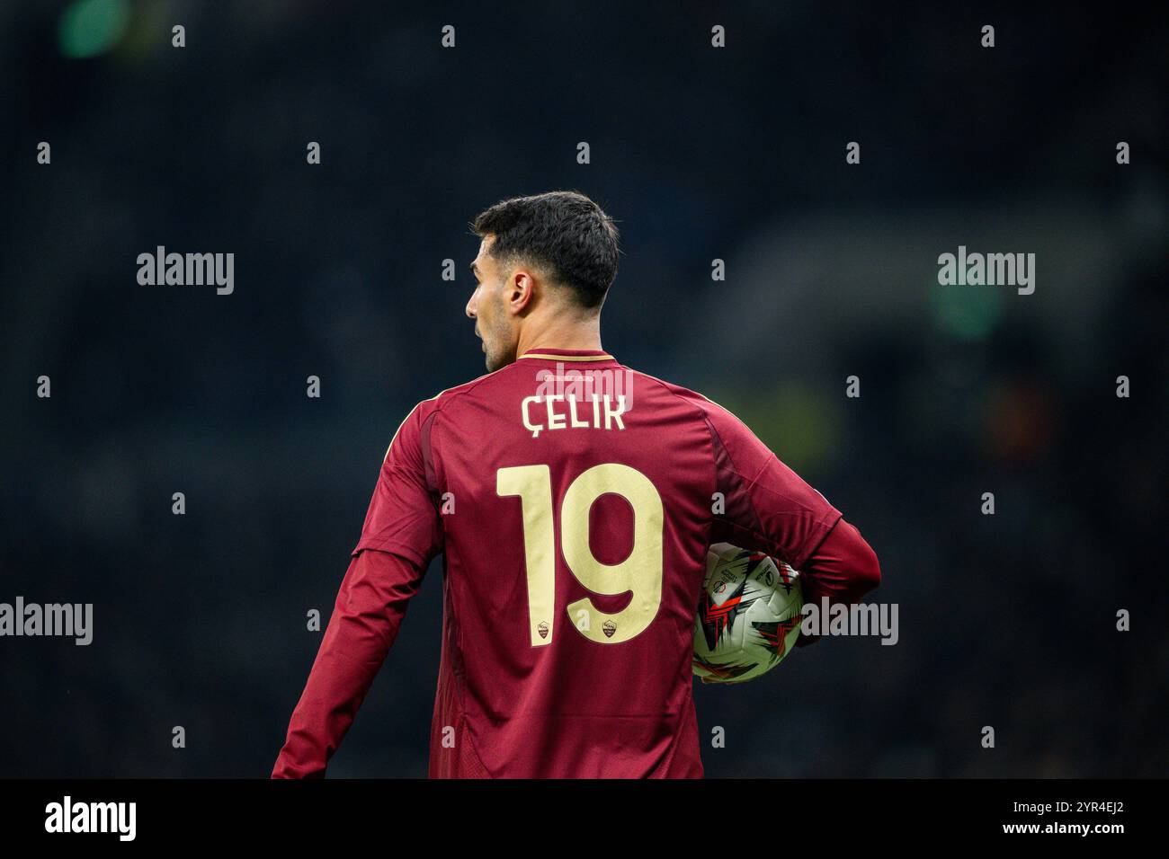 London, England. 28th, November 2024. Zeki Celik (19) of AS Roma seen ...