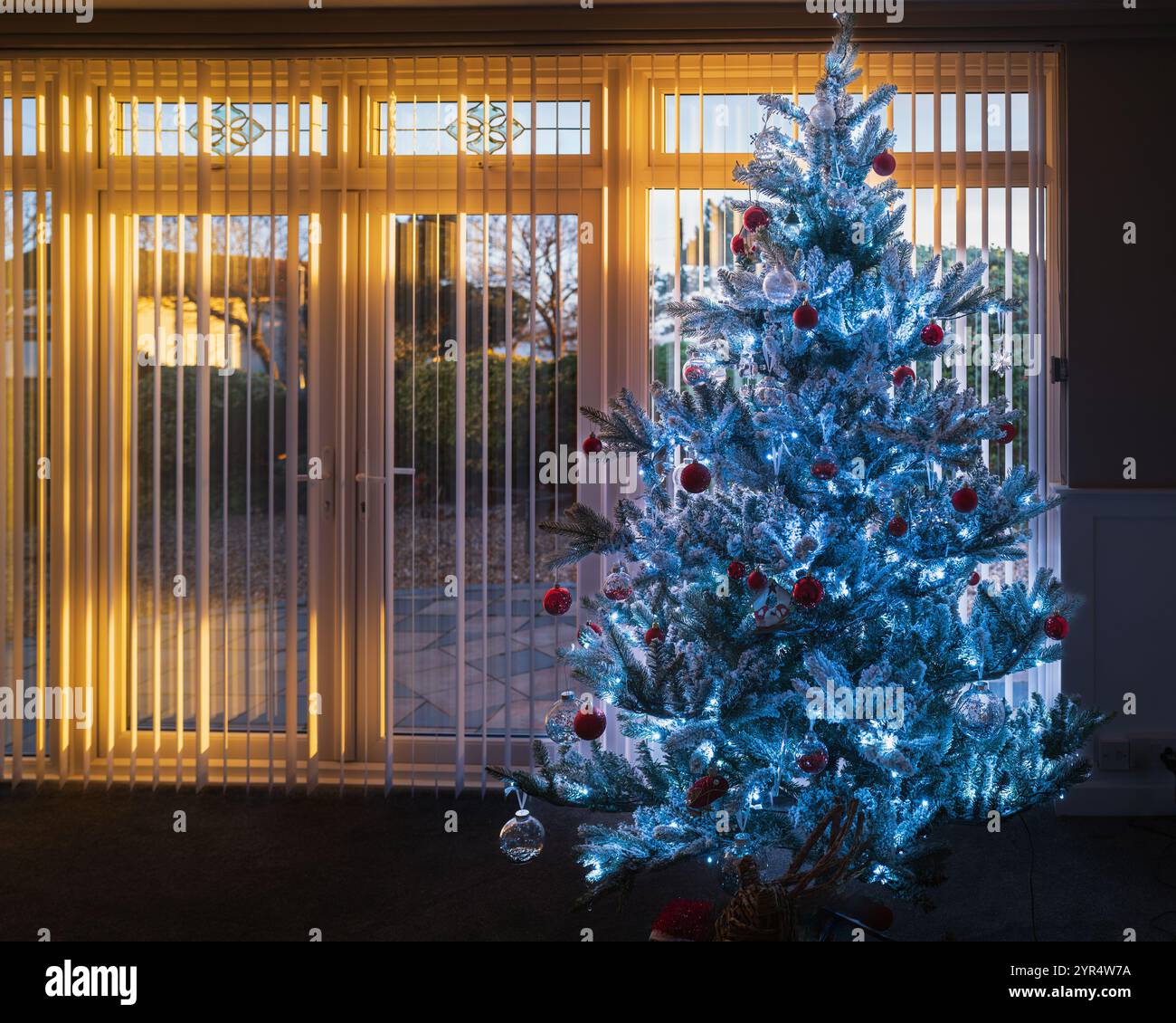 Pretty frosted atifical Christmas tree with fairy lights during a