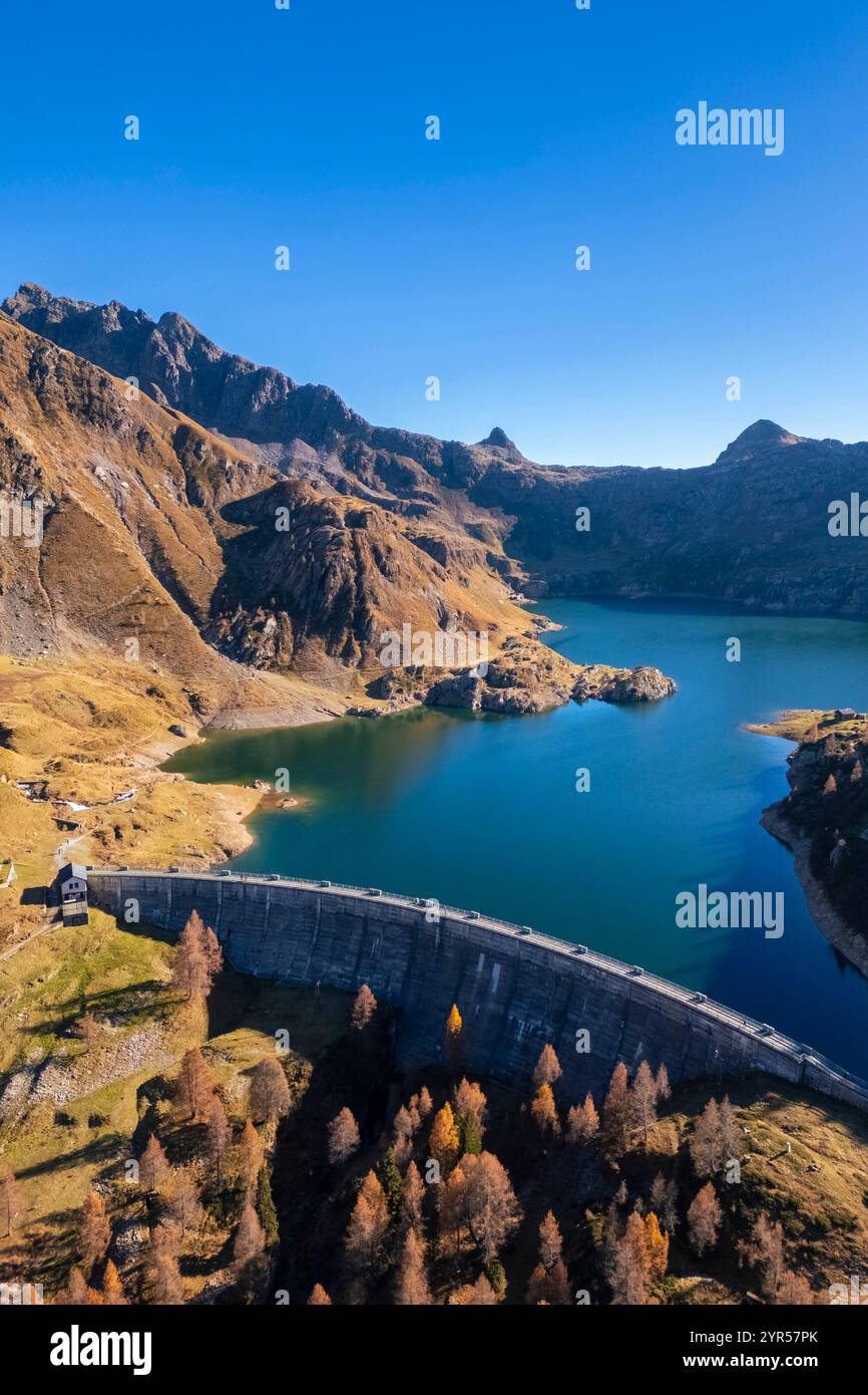 Aerial view of Laghi Gemelli, the dam and it's refuge. Branzi, Val Brembana, Alpi Orobie, Bergamo, Bergamo Province, Lombardy, Italy, Europe. Stock Photo