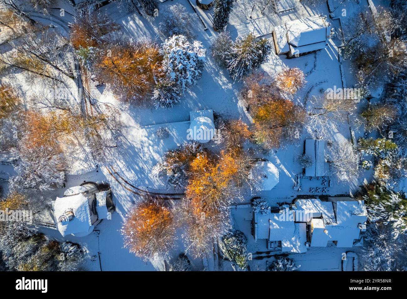 Aerial view of the Sacro Monte of Orta on Lake Orta in winter after a snowfall. Orta Lake, Province of Novara, Piedmont, Italy. Stock Photo